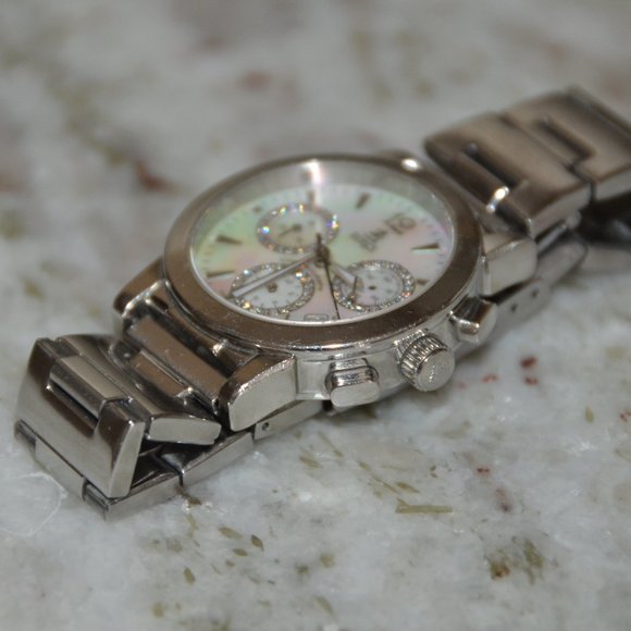 RARE VINTAGE ESTATE MAYORS BIRKS DIAMOND WHITE MOP CHRONOGRAPH SILVER BAND WATCH main image 13